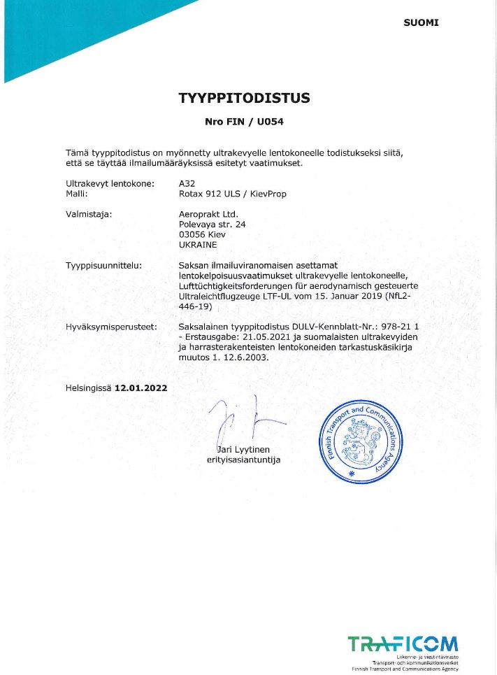 Tyyppitodistus Aeroprakt A32 FIN-U054.jpg